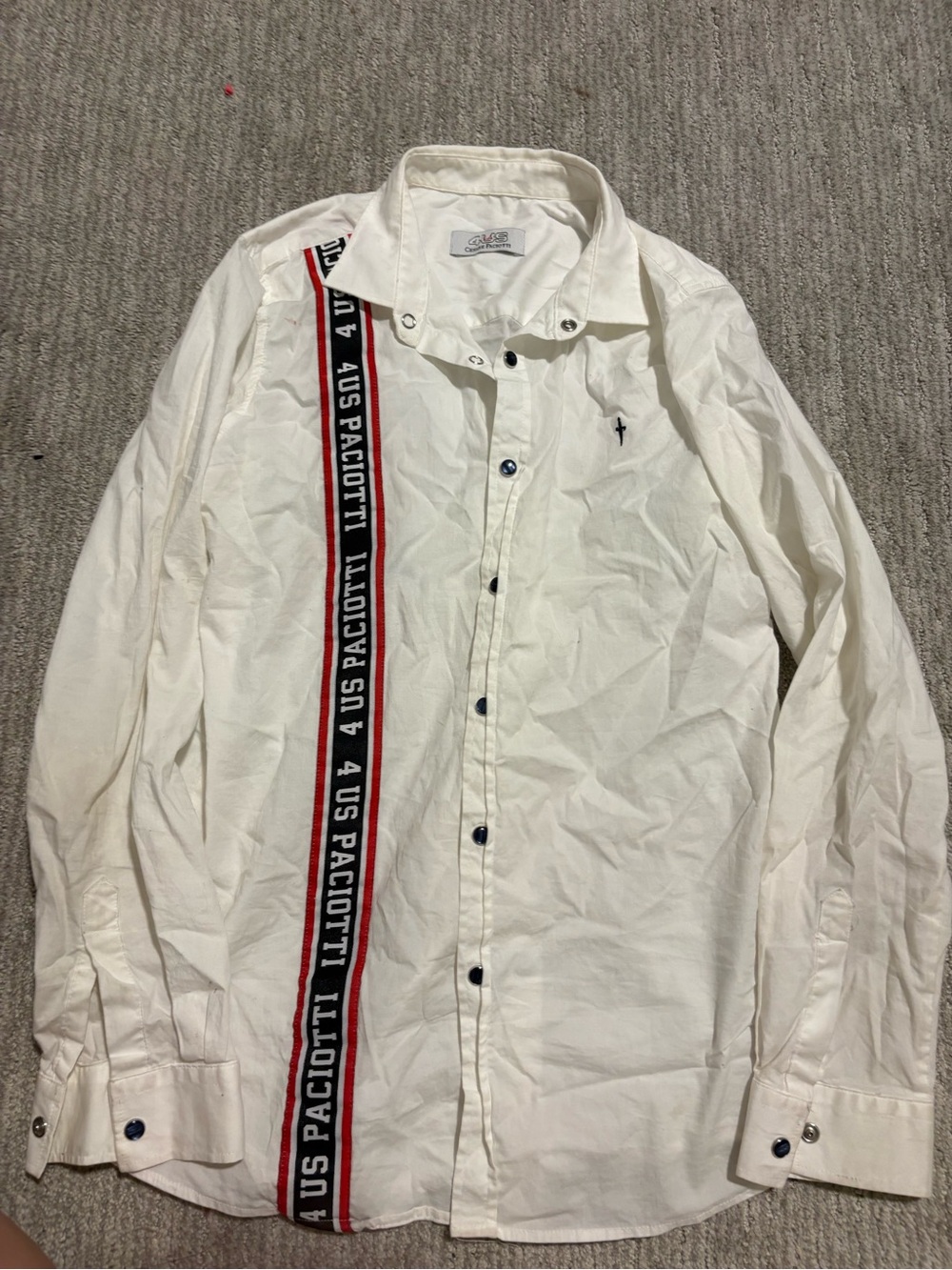 Cesare Paciotti White Button-Down Shirt with Red & Black Stripe